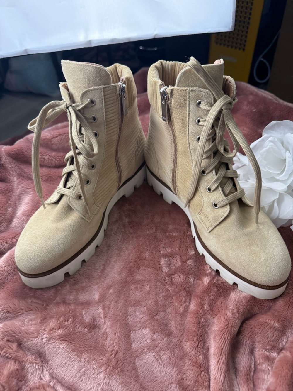 Aquatalia Beige Lace-Up Combat Boots with Side Zips